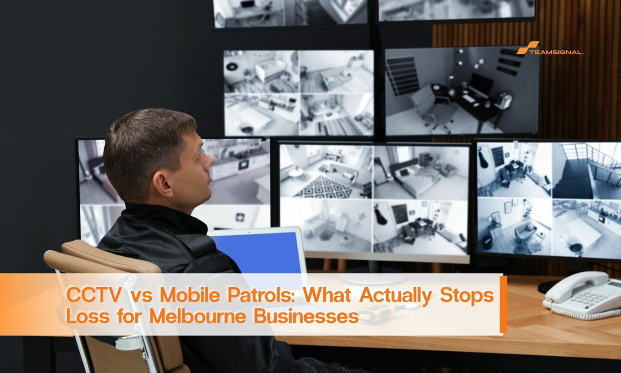 Security professional monitoring CCTV cameras to protect Melbourne businesses from theft and property loss.