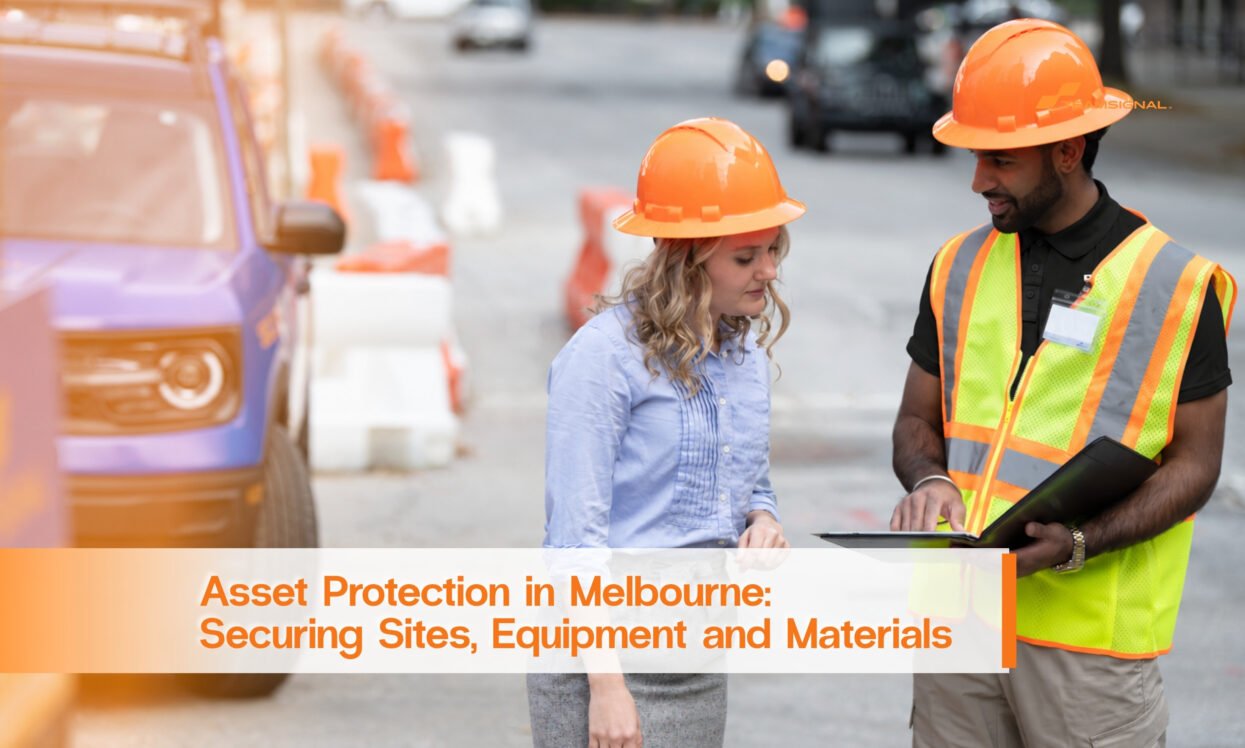 Security professional and site manager reviewing asset protection plans at a Melbourne worksite